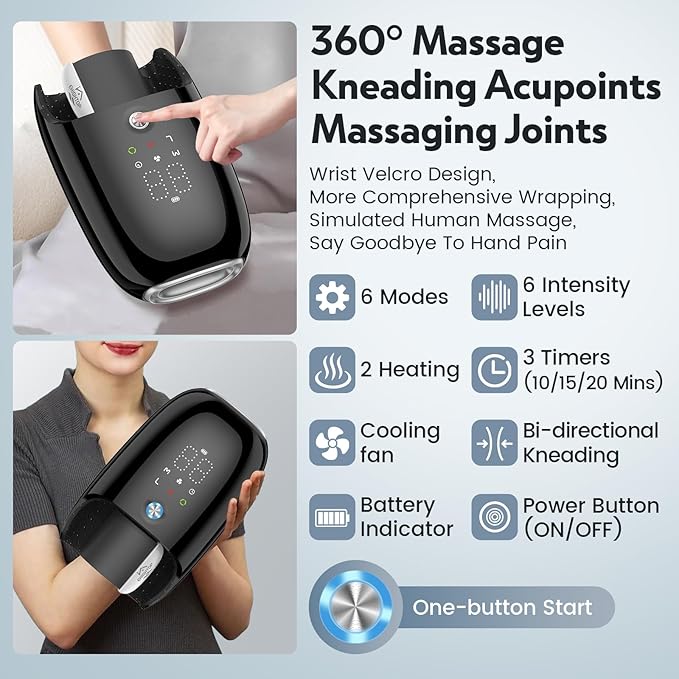 Hand Massager with Kneading Rollers6 Modes and 2 Heating Options for Hot and Cold Therapy Hand and Wrist Massager for Arthritis Carpal Tunnel ReliefCordless Hand Massager with Heat and Compression