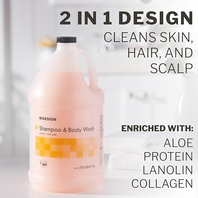 McKesson Body Wash and Shampoo - 1  Gallon Bulk Refill Full Body Wash with Aloe Apricot Scent - Sensitive Skin &amp Hair 2‑in‑1
