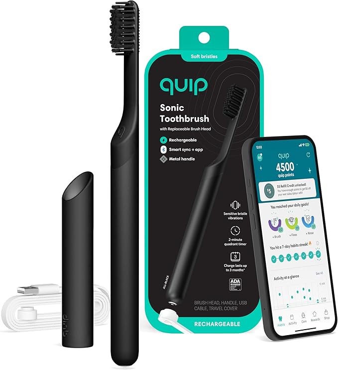 Quip Rechargeable Smart Sonic Toothbrush for Adults - Timed Electric Toothbrush with Bluetooth &amp Rewards App - Replaceable Brush Head Soft Bristles Metal Handle - Travel Toothbrush - All-Black