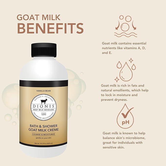 Dionis Goat Milk Bath Soap &amp Liquid Shower Crème Vanilla Bean 14.5oz (Pack of 1)