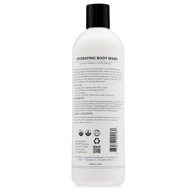 Sensitive Body Wash 16 oz (2-Pack Gift Set) - Paraben Free Sulfate Free Body Cleanser - Hypoallergenic for Delicate and Flaky Skins - No Added Fragrance - Cucumber for Hydration - Vegan GF/CF
