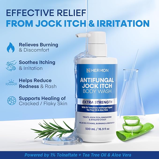 Hermon Antifungal Body Wash for Jock Itch: Tea Tree oil Body Wash for Jock Itch Ringworm Back Acne Athlete's Foot Tinea - Medicated Soap for Men and Women