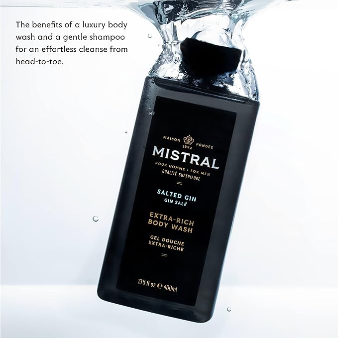 Mistral Men's Body Wash &amp Shampoo Salted Gin 13.5 oz | 2-in-1 Natural Shower Gel for Men | SLS Paraben &amp Phthalate Free | Natural Men’s Body Wash Moisturizing Bath Gel - Made in France