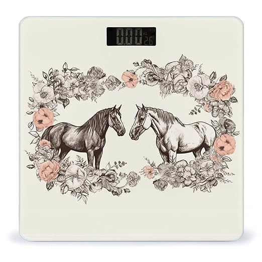 Flowers and Horses Hand Drawn Scale for Body Weight Highly Accurate Digital Bathroom Scale Sturdy Tempered Glass Weighing Scales with LCD Display Fashion Body Fat Smart Scales 400lb