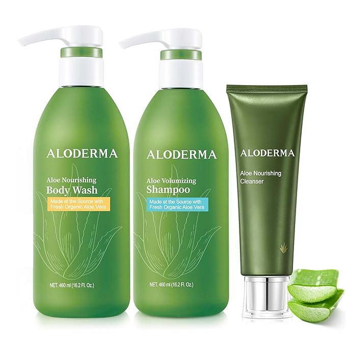 Aloderma Aloe Shower Set 3 pcs - Nourishing Body Wash Volumizing Shampoo Nourishing Cleanser - Hydrating Moisturizing