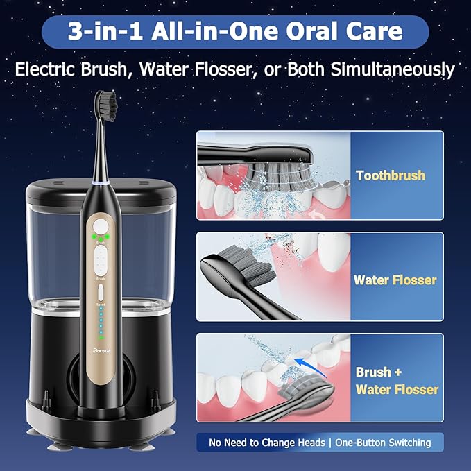 Electric Toothbrush with Water Flosser Upgrade Flossing Toothbrush Combo with 3 Brush 5 Floss Speeds&amp 3 Brush Modes 500mL Tank 30-Day Battery for Adults &amp Teens Gums Braces-Black