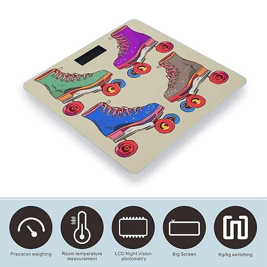Retro Colorful Roller Skates Weight Scale Digital Electronic Scales Bathroom Scale Larg LCD Backlight Display High Precision MeasurementsTempered Glass