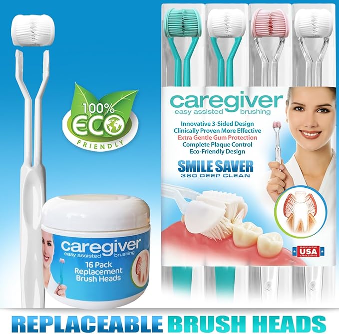 Caregiver 3-Sided Toothbrush | 4-Pack + 16 Replacement Heads | Easy Assisted Brushing for Autism Special Needs Disabilities Seniors &amp Dexterity | Gentle U-Shaped Triple Clean Soft | Made in USA