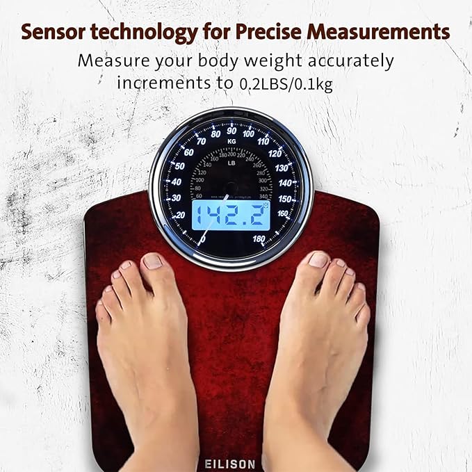 EILISON Highly Advance 2-in-1 Digital &amp Analog Weighing Scale for Body Weight-400lbs 4 High Precison GX Sensor Accurate Thick Tempered Glass Extra Large Display (Red)