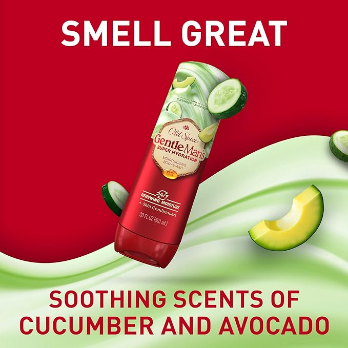 Old Spice Super Hydration Body Wash GentleMan’s Blend Cucumber + Avocado Oil for Deep Cleaning and 24/7 Renewing Moisture // Comfort dry skin even after rinsing 20 oz (Pack of 4)