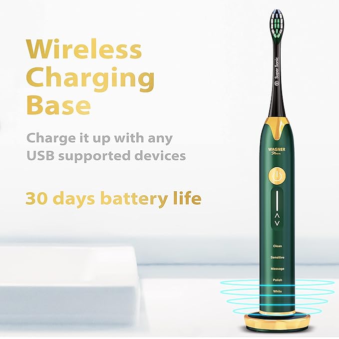 Wagner Stern Ultrasonic whitening Toothbrush with Pressure Sensor. 5 Brushing Modes and 4 Levels of Intensity 8 Soft bristles Travel case.