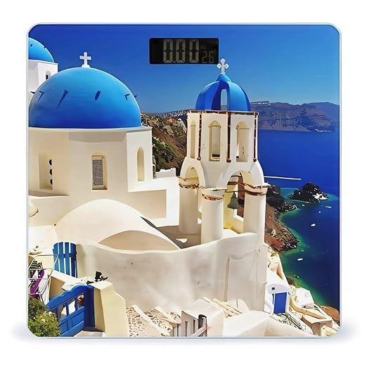 Santorini Greek Island Sea View Scale for Body Weight Anti-Slip Sturdy Tempered Glass Weighing Machine Highly Digital Accurate Bright LCD Bathroom Scale for Household Gift