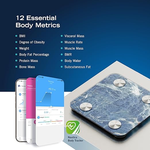 Nautica Body Tracker Digital Bathroom Scale Bluetooth-Enabled Smart Scale with BMI Body Fat Muscle Mass Tracking &amp More Syncs with Smartphone App for Body Composition Tracking 396 Lbs.