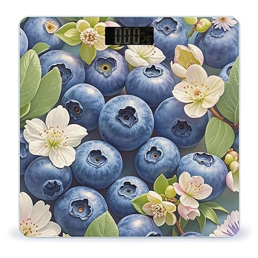 Blue Fruit Pattern Bathroom Scale for Body Weight Bathroom Weighing Scales with Back Lit LED Display Sturdy Tempered Glass Body Weight Bathroom Scale 400lb Weighing