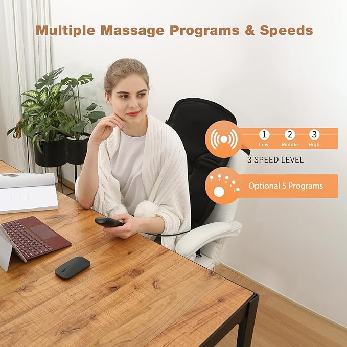 SLOTHMORE Back Massage Chair Pad Back Massager with Heat for Pain Relief Chair Massager for Full Body Massage Deep Tissue Vibration Massger with 2 Adapters Chair Massager for Office and Recliner