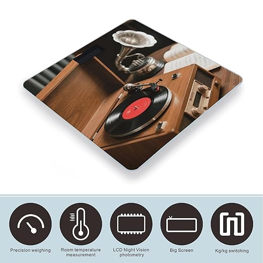 Vintage Record Player Scale for Body Weight Sturdy Tempered Glass Weighing Scales with LCD Display Accurate Digital Bathroom Scale Convenient Body Fat Smart Scales Easy Read