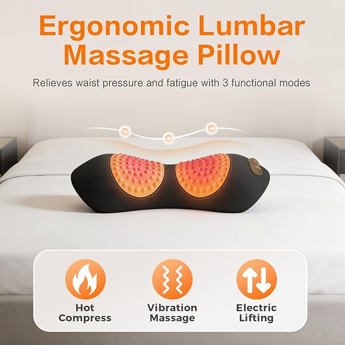 3-in-1 Electric Lumbar Support Pillow for Bed and Chair Triple Fusion Back Massager with Heat Vibration &amp Traction Designed for Lower Back Comfort and Spine Support