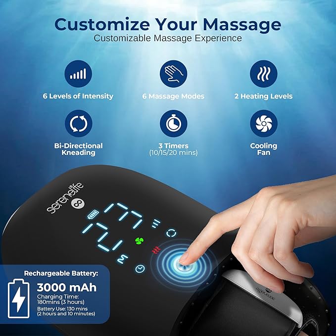SereneLife Hand Massager with Heat and Compression with Kneading 6 Modes 6 Intensity Levels 3 Timer Settings for Hand Relaxation Stress Relief and Muscle Tension Relief