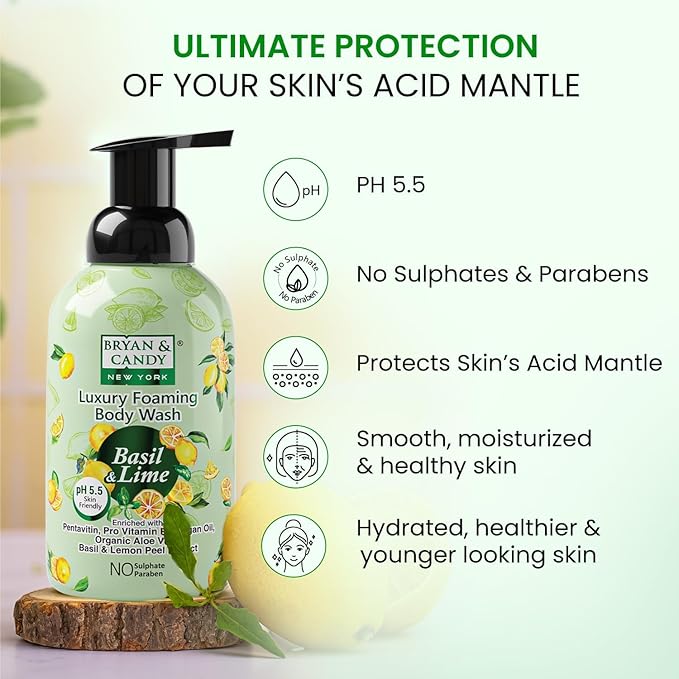 Luxury Foaming Body Wash with PentavitinPro Vit B5Argan OilAloe Vera Skin Friendly pH 5.5 All Skin Types 400 Ml (Basil &amp Lime)
