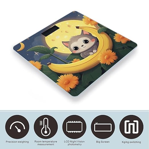 Banana Cat Print Scale for Body Weight Anti-Slip Sturdy Tempered Glass Weighing Machine Highly Digital Accurate Bright LCD Bathroom Scale for Household Gift
