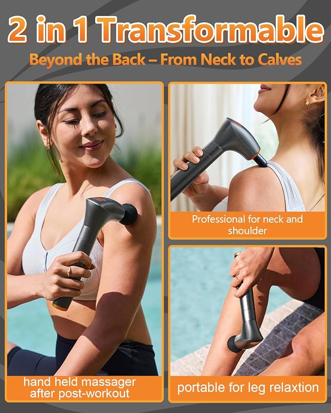Convertible Massage Gun Deep Tissue for Back Neck Muscle Pain Relief - Electric Handheld Percussion Shoulder Massager Tool with Detachable Long Handle Portable CaseFSA-HSA Eligible