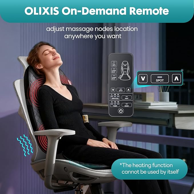 OLIXIS Massage Chair Pad with Heat Chair Massager with 4 Deep-Kneading for Office Home Shiatsu Back Massager for Pain Relief Portable Folding Grey