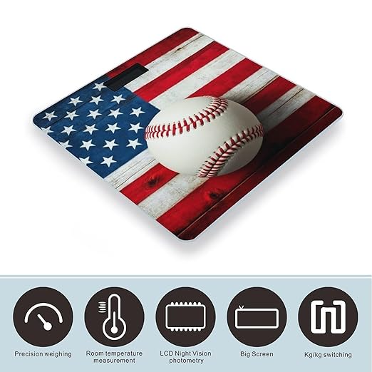 Digital Bathroom Weighing Scale Energy Saving Scale Smart Scale for Body Weight Baseball Rustic Wooden American Flag