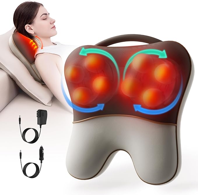 Shiatsu Neck and Back Massager with Heat Back Massager for Pain Relief Deep Tissue Massager for Neck and Shoulder Pain Massage Pillow with Cover Adjustable Straps &amp Portable Handle (No Battery