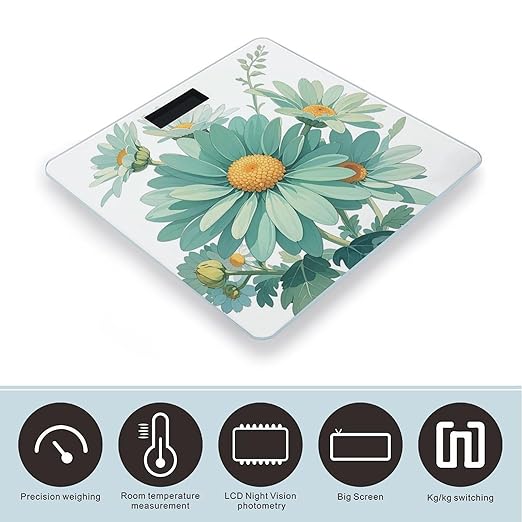 Mint Green Watercolor Daisy Scale for Body Weight Digital Bathroom Scale Toughened Glass High Precision Scales for Body Weight with Large LCD Backlight Display Weight Scales