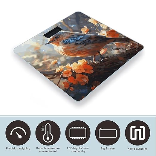 Flowers and Birds Digital Bathroom Scale for Body Weight with High Precision Digital Weighing Scale with BMI Clear LCD Display and Step-On Measures Weight Up to 180kg