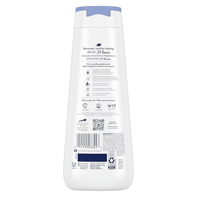 Dove Body Wash Anti-Stress Blue Chamomile &amp Oat Milk 4 Count for Renewed Healthy-Looking Skin Moisturizing Gentle Skin Cleanser with 24hr Renewing MicroMoisture 20 oz