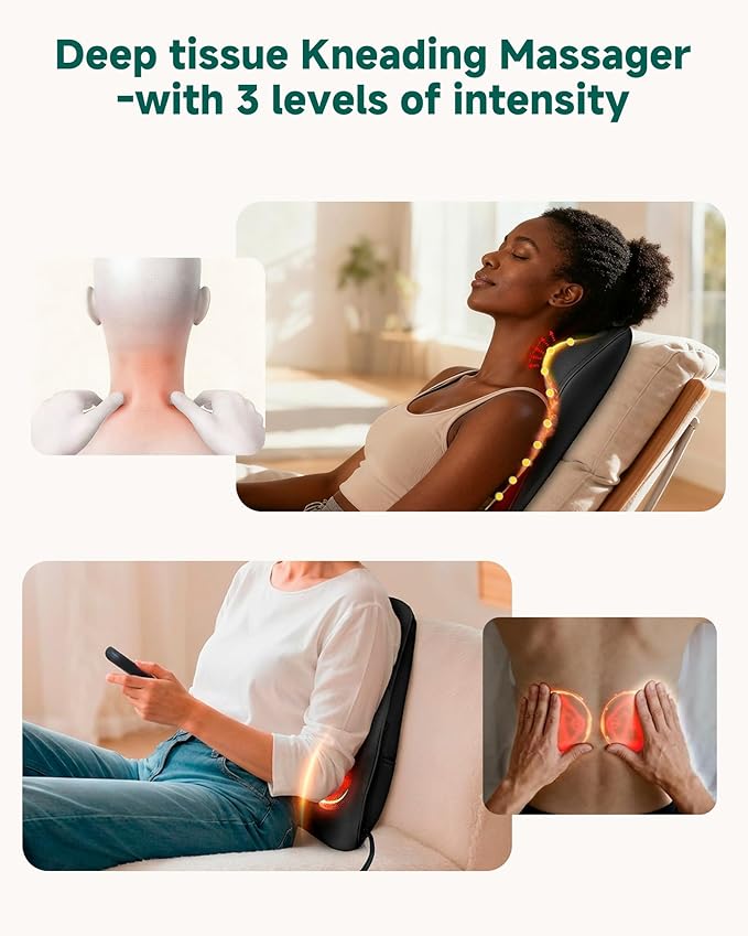 Snailax Shiatsu Back Massager with Heat Neck Shoulder Massager for Pain Relief Deep Tissue 4D Kneading Back Massage Pillow 3 Speed/3 Modes Portable for Home Office Car Use