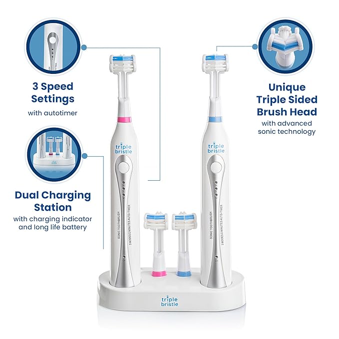 Triple Bristle Duo - 2 Electric Toothbrushes with Dual Charging Station Patented 3 Head Design 31000 VPM Rechargeable Toothbrush Set for Families &amp Couples 3-Sided Sonic Brush