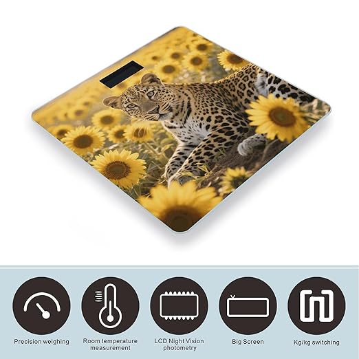 Sunflower Leopard Weight Scale Large Digital Bathroom Scales with Bright LED Display Non Slip Digital Scale and Step On Fashion Weighing Machine for Body