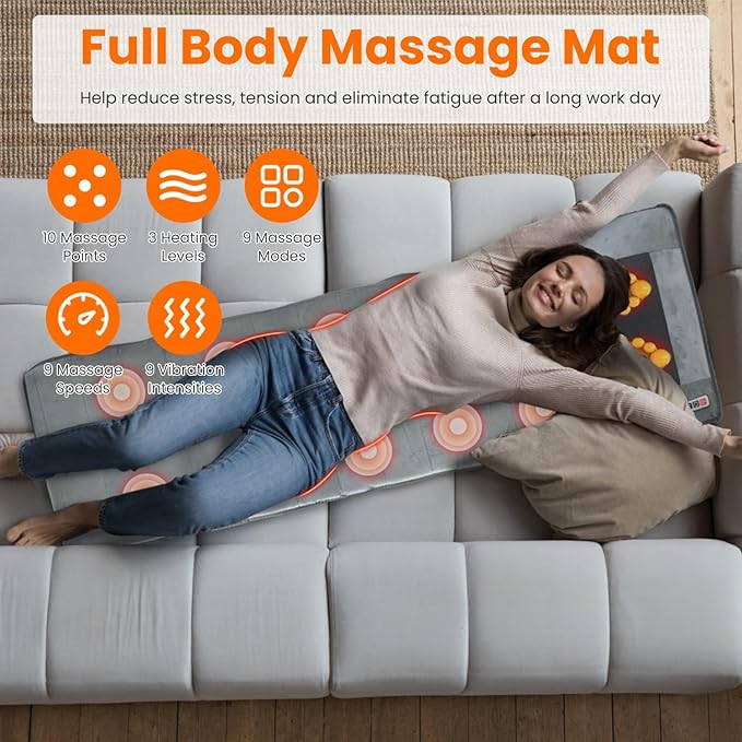 Full Body Massage Mat with Heat Electric Vibration Back Massage Pad with Shiatsu Detachable Neck Massage Pillow for Pain Relief 10 Vibration Motors 3 Heating Levels Gifts for Men Women