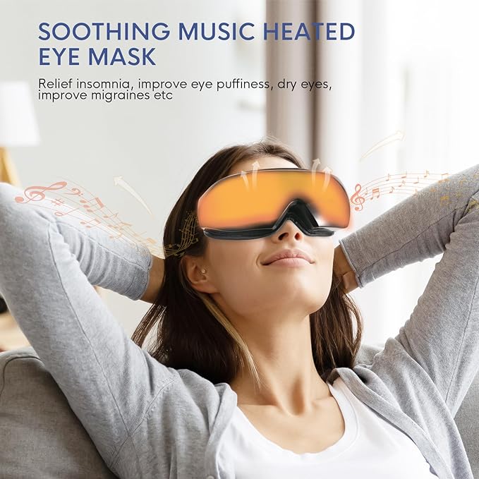 NOWWISH Eye Massager with Heat Vibration and Bluetooth Music for Migraine Headache Relief Cordless Heated Eye Mask with 6 Massage Modes Relaxation -Birthday Gifts for Women Men -Black