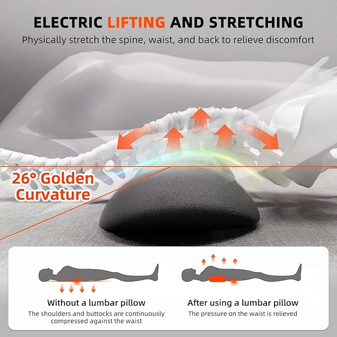 3 in 1 Electric Lumbar Support Pillow with Heat &amp Lift Traction 2026 New Triple Fusion Back Massager Lower Back Pain Relief Deep Tissue Support Pillow for Bed Car Office Chair Memory Foam (Black)