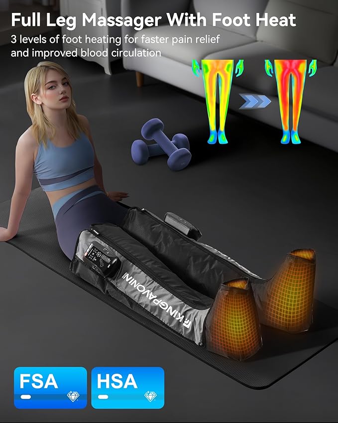KingPavonini Cordless Leg Compression Massager with 5 Overlapping Chambers &amp 3 Foot Heat 4500mAh Leg Massager for Circulation and Pain Relief 19 Modes &amp 8 Intensities Recovery Boots for Ath