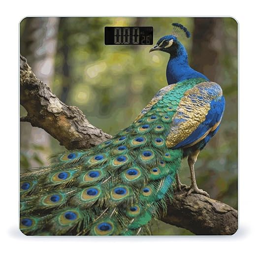 Colorful Peacock on A Tree Branch Weight ScaleClear LED Display Bathroom Digital Weighing ScaleTempered Glass Digital Bathroom Scale for Body Weight Capacity Up to 400 Lbs