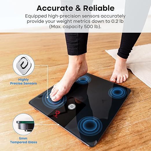 GE Bathroom Scale for Body Weight Digital Weight Scales 500lb Heavy Duty Measuring Device for People Accurate BMI Weighing Machine with Bluetooth Black