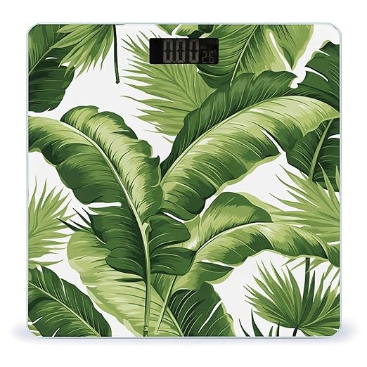 Cute Green Palm Leaves Scale for Body Weight Highly Accurate Digital Bathroom Scale Sturdy Tempered Glass Weighing Scales with LCD Display Fashion Body Fat Smart Scales 400lb