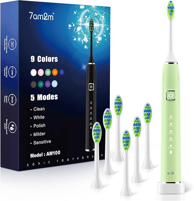 7AM2M Sonic Electric Toothbrush with 6 Brush Heads for Adults&ampKids One Charge for 120 Days Wireless Fast Charge 5 Modes 40000VPM Powered Toothbrush 2 Minutes Built in Smart Timer (Light Green
