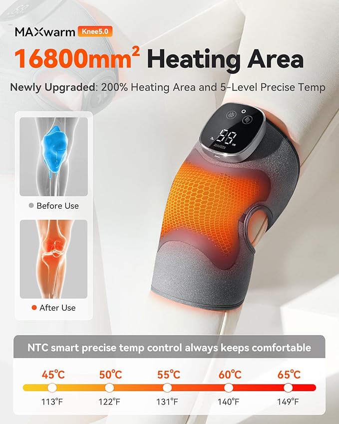 Knee Massager with Heat Vibration for Pain Relief MAXwarm 5.0[2026 Upgraded]-Heated Knee Brace with 5 Heat Levels and 4 Massage Motors X-Warm Heat-Lock Tech for Men Women(Grey 2-Pack)