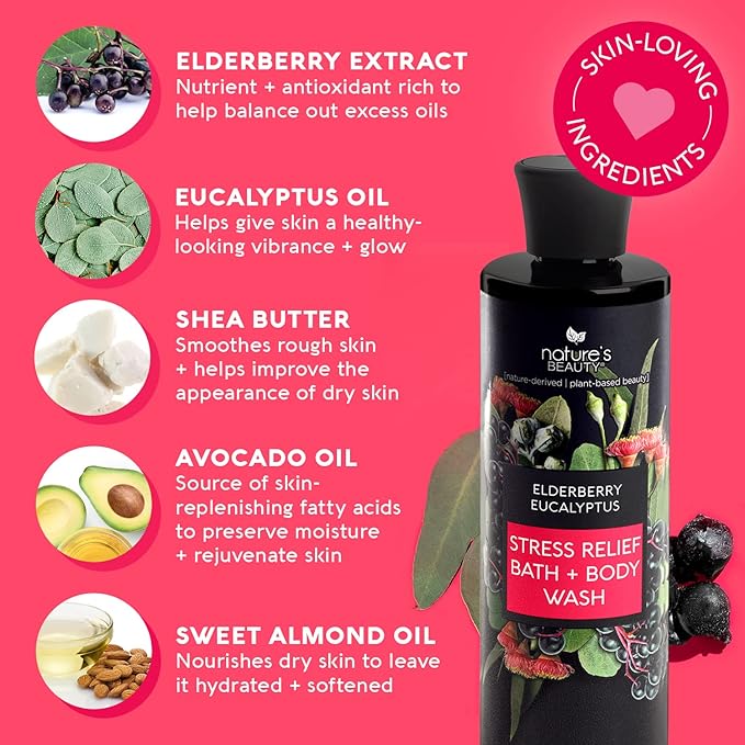 Nature's Beauty Elderberry Eucalyptus Stress Relief Body Wash Multi-Pack - Gentle Bath + Body Cleanser Restore Skin Made w/Shea Butter Avocado Oil and Sweet Almond Oil 12 fl oz (2 Pack)