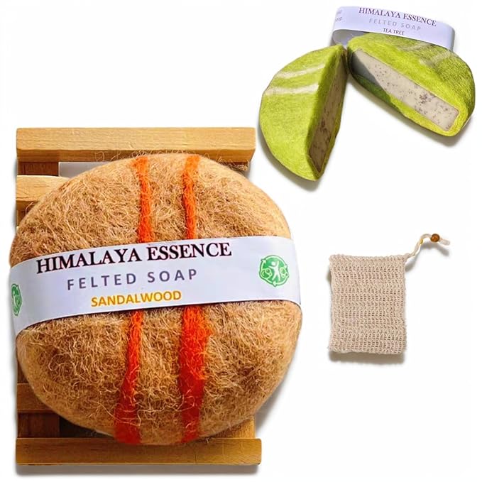 Handmade Felted Essential oil SoapHandcrafted Felted SoapUnique Bathroom DecorTibetan Yak Milk and WoolFacial Cleanser Body Wash 100g (Sandalwood)