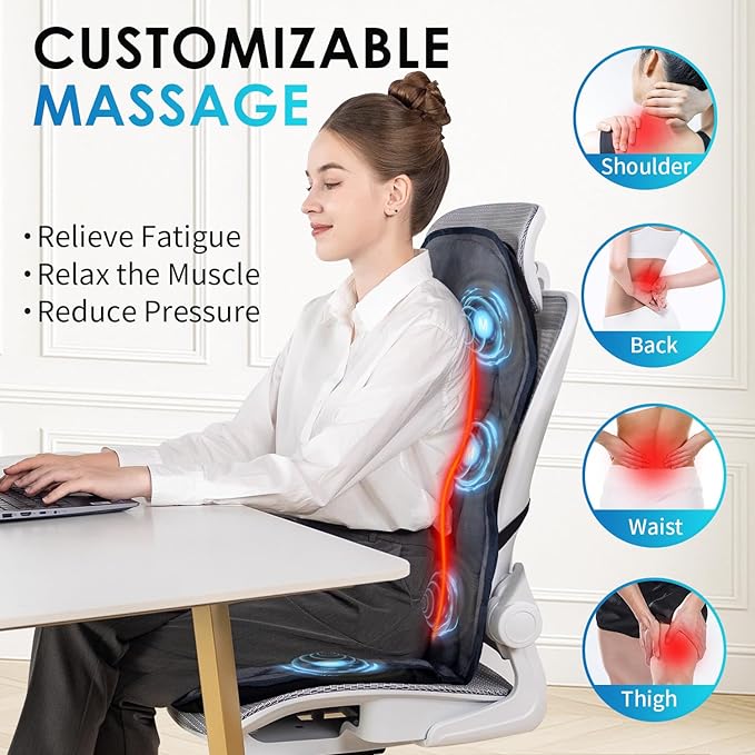 Back Massager with Soft Plush Fabric Cover Massage Seat Cushion with 8 Vibration Motors &amp 2 Heating Levels Chair Massager for Recliner Office Chair Sofa Use Gifts for Dad Mom
