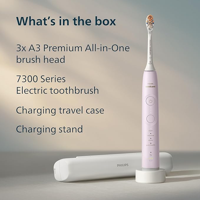 Philips Sonicare 7300 Series Electric Toothbrush - Next-Generation Sonicare Technology Pressure Sensor 12 Brushing Settings SmarTimer 21-Day Runtime Travel Case Light Pink HX7422/04