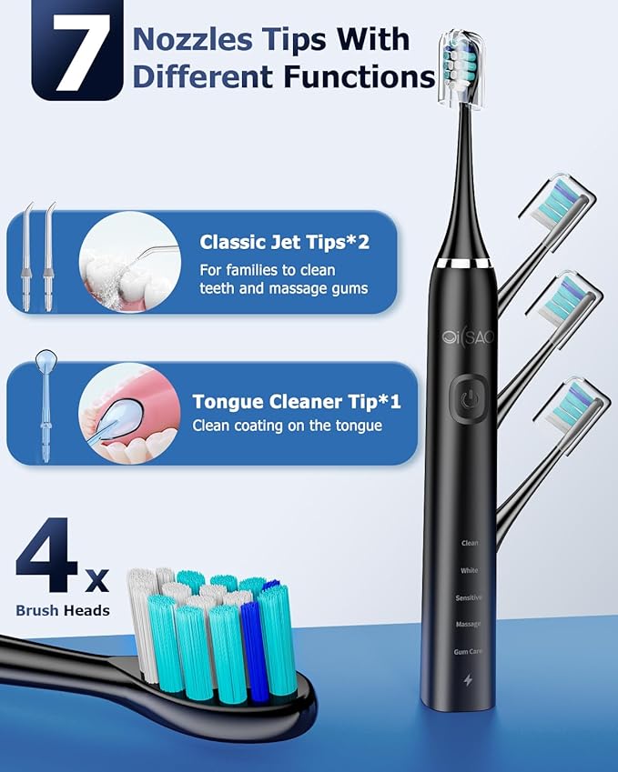 Electric Toothbrush with Water Flosser Combo: 600ML Large Water Tank &amp Ultrasonic Cleaning- Gum Care &amp Whitening- 5 Brush Modes &amp 10 Pressure Settings for Family Use Black