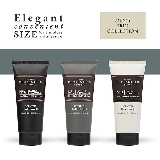 Pecksniff’s Men’s Trio Face Collection – Leather &amp Oakmoss – Face Wash Scrub &amp Shave Balm Gift Set 3 x 75ml