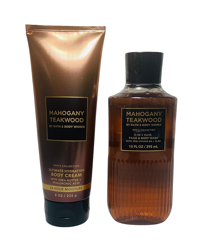 Bath &amp Body Works Mahogany Teakwood Men's 3-in-1 Hair Face &amp Body Wash and Body Cream 2 Piece Set